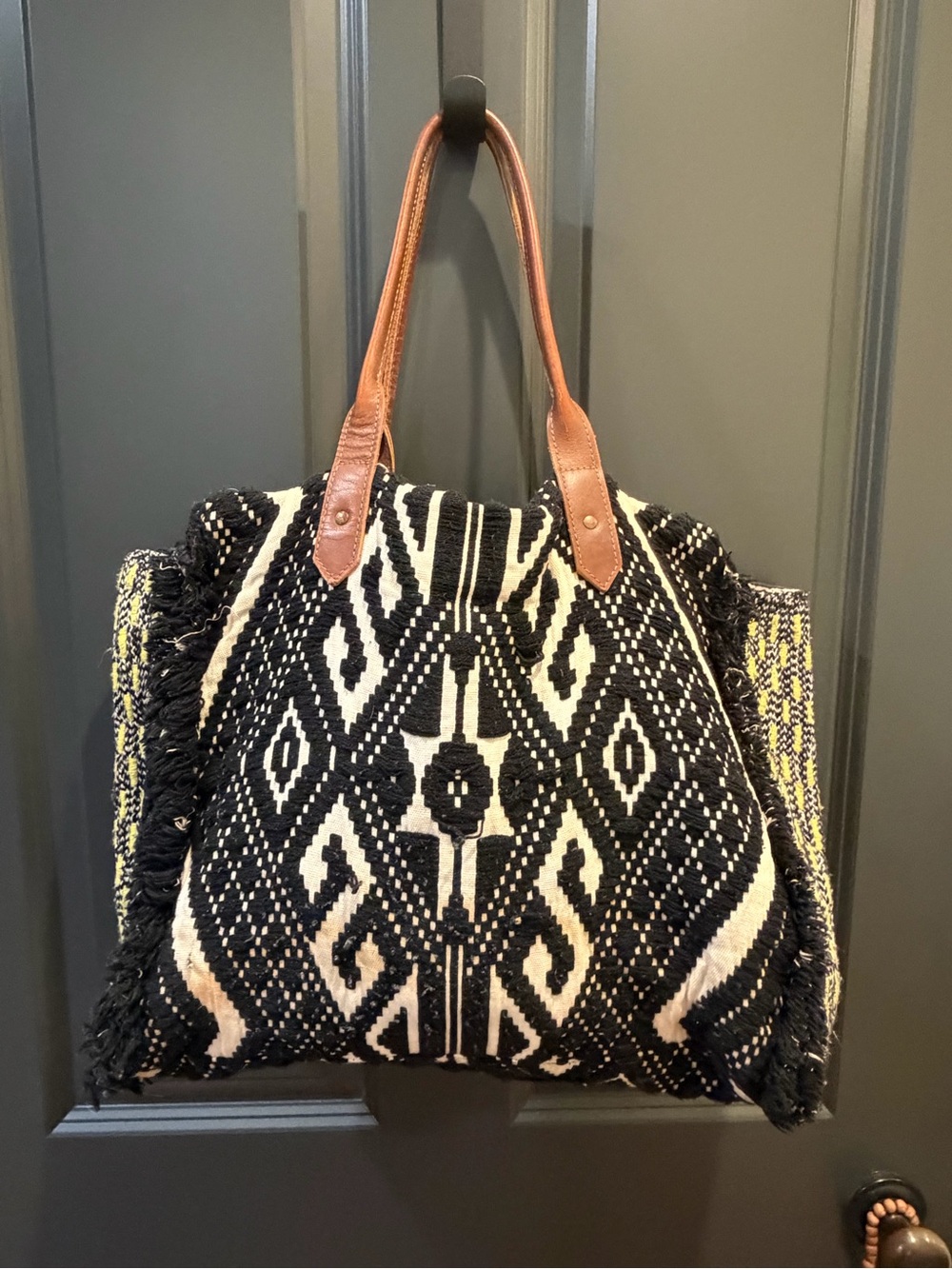 Jasper & Jeera Anthropologie Woven Boho Tote Bag Leather Handles Large